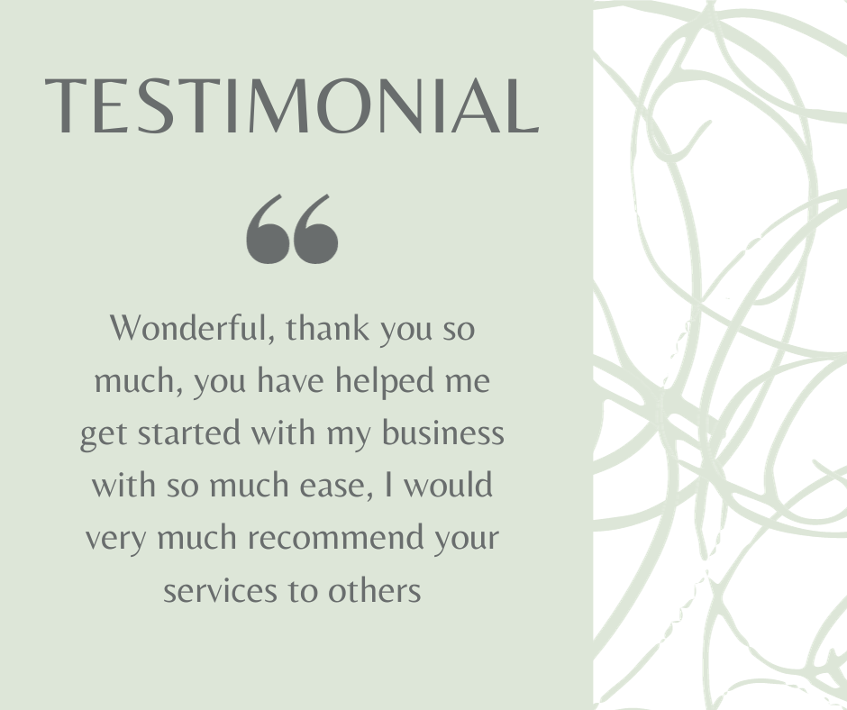 A sample testimonial. The quote reads, "Wonderful, thank you so much, you have helped me get started with my business with so much ease, I would very much recommend your services to others"